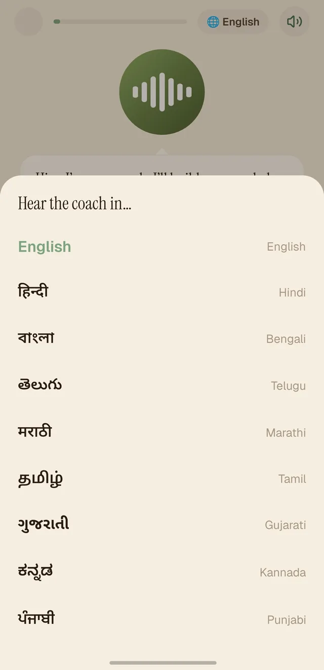 Choose your coach's language — Inaya speaks 10+ Indian languages